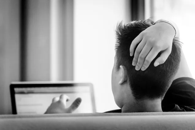 Person in front of laptop, seen from behind. Image.
