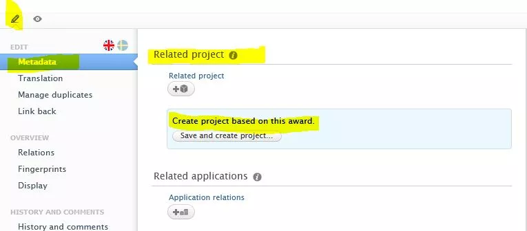 Illustration of how to create project from awards (image)
