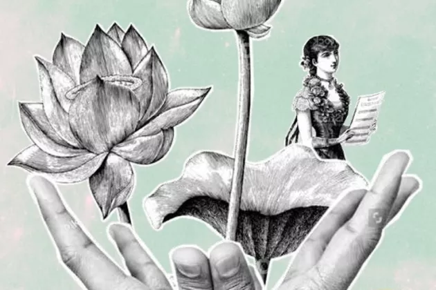 Kollage med händer, blomma och kvinna. Illustration.
