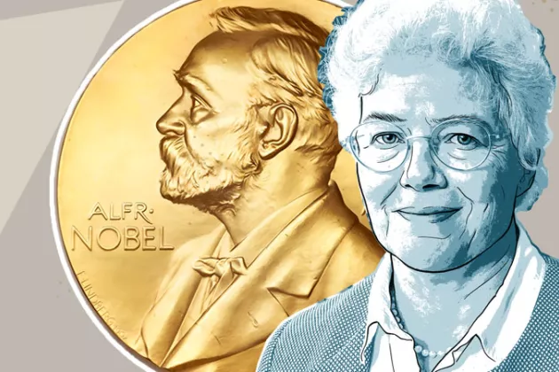 A collage with a illustration of Anne L'Huillier and the Nobel Prize.