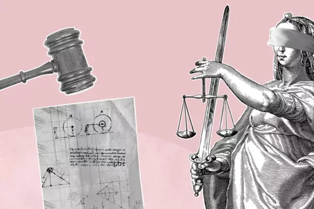 Collage with justitia and a contract.