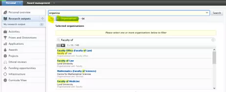 What it looks like in LUCRIS when you add the filter Organisations (image).