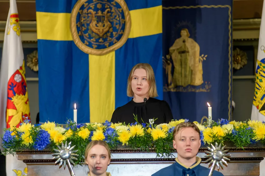 The President of the Student Union, Linnea Landegren, gives the students' speech. Photo: Kenneth Ruona. 