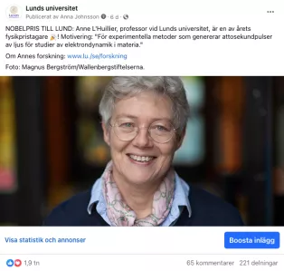 Anne L'Huillier was congratulated on the university's Facebook channel.